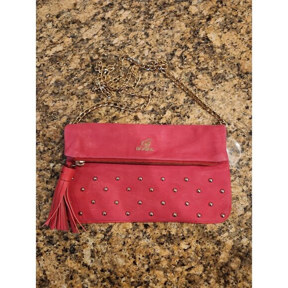 Hogan‎ Pink Leather Clutch Crossbody Bag Gold Chain Studded Tassel - Picture 1 of 5